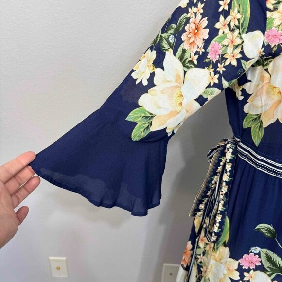 Farm Rio Anthropologie‎ Midnight Flower Wrap Dress 3/4 Sleeves Blue SP - Picture 10 of 16